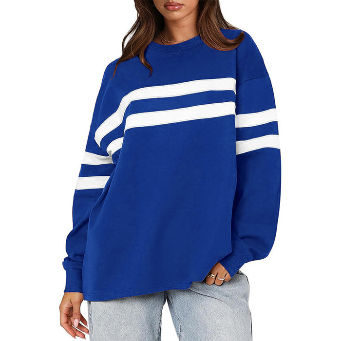 Women Clothing Autumn Winter Oversized Casual Patchwork Striped Pullover Sweatshirt