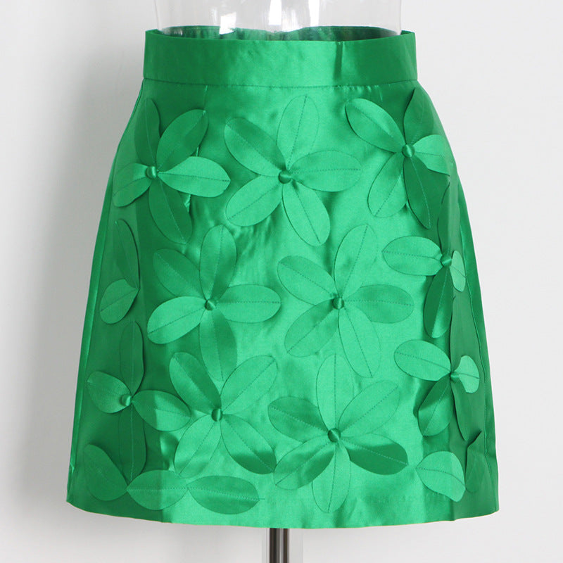 Three Dimensional Floral Design A line Skirt Summer Solid Color High Waist Slimming Short Skirt Women
