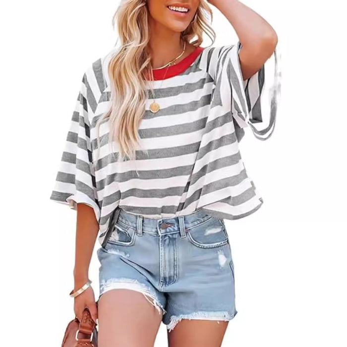 Women Summer Striped T shirt Short Sleeve Color Matching Design Loose Basic T shirt Top