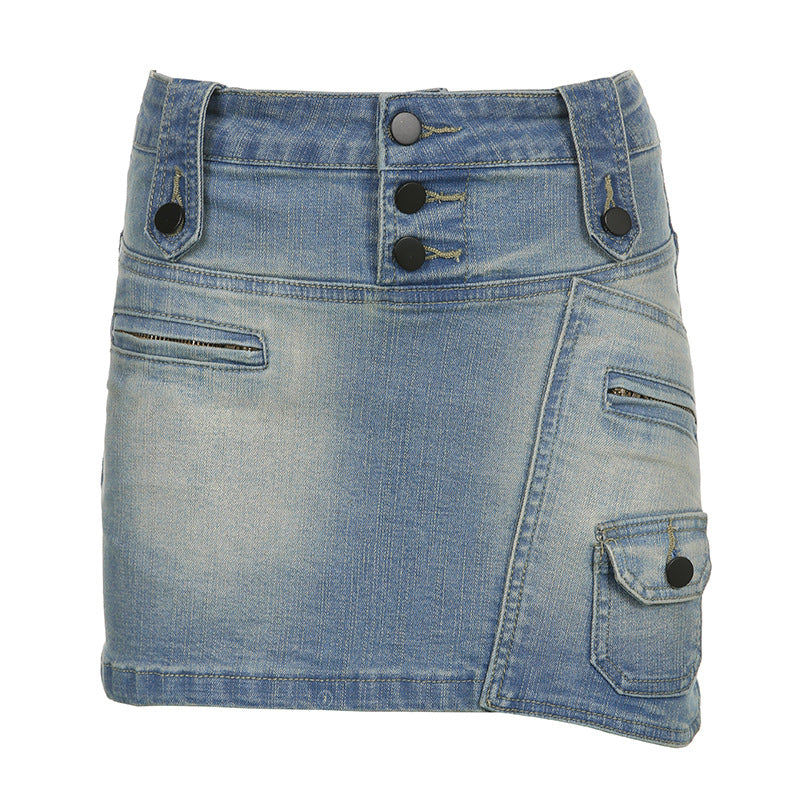 Street Asymmetric Pocket Design Low Waist Denim Skirt Washed Gradient Color Tooling Hip Skirt