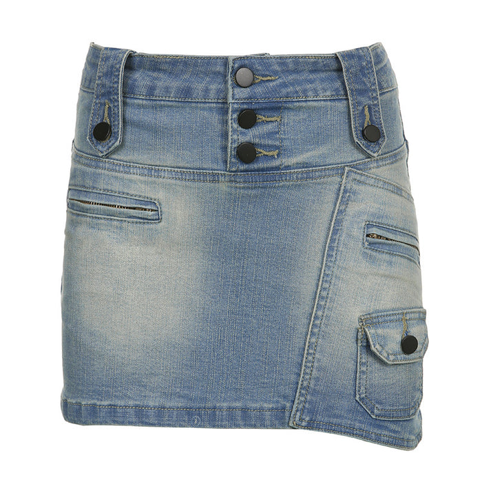 Street Asymmetric Pocket Design Low Waist Denim Skirt Washed Gradient Color Tooling Hip Skirt