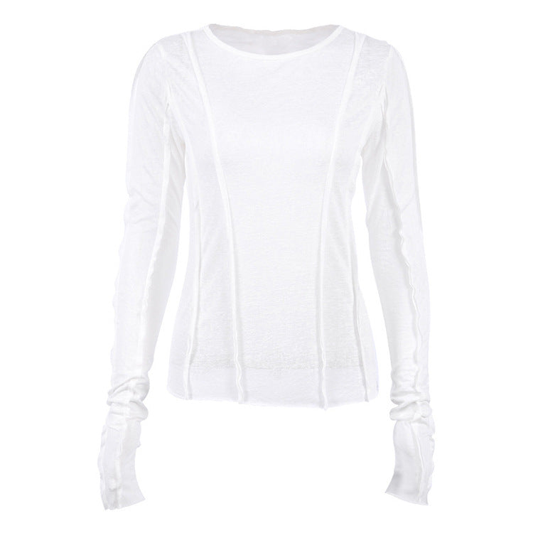 Early Autumn Long-Sleeved T-shirt Solid Color round Neck Slim Thin Temperamental Minority Stitching Women Clothing