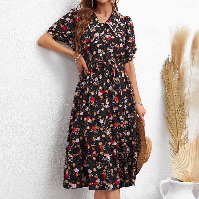 Women Collared Dress Floral High Waist Dress