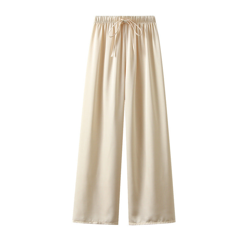 High Grade Pleated Texture Acetate Ice Tencel Satin Wide Leg Pants Women Summer Loose Straight Drooping Casual Pants