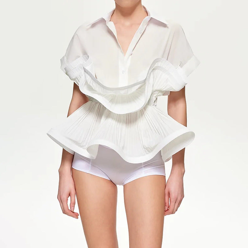 Summer Polo Collar Ruffled Stitching Design Tight Waist Slimming High Grade Short Sleeve Shirt for Women