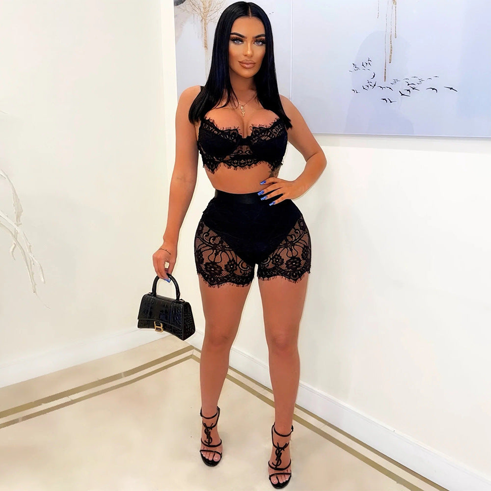 Stand Strap Short Top With Hip Shorts Sexy Lace Two Piece Set