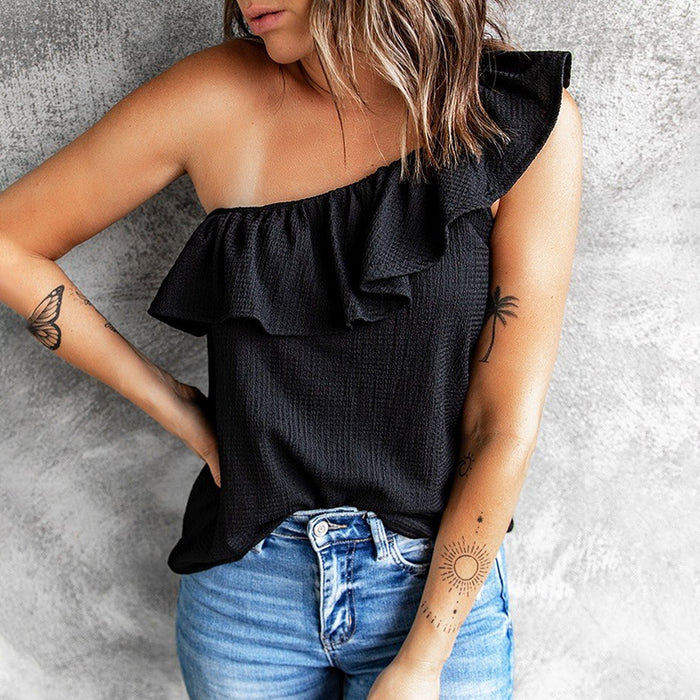 Ruffled Wide Shoulder Strap Solid Color Vest for Women Summer off Shoulder Simple All Match Beveled Top for Women