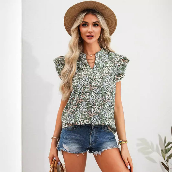 Early Autumn Women Shirt Ruffled Fresh Sweet Floral Short Sleeve Top