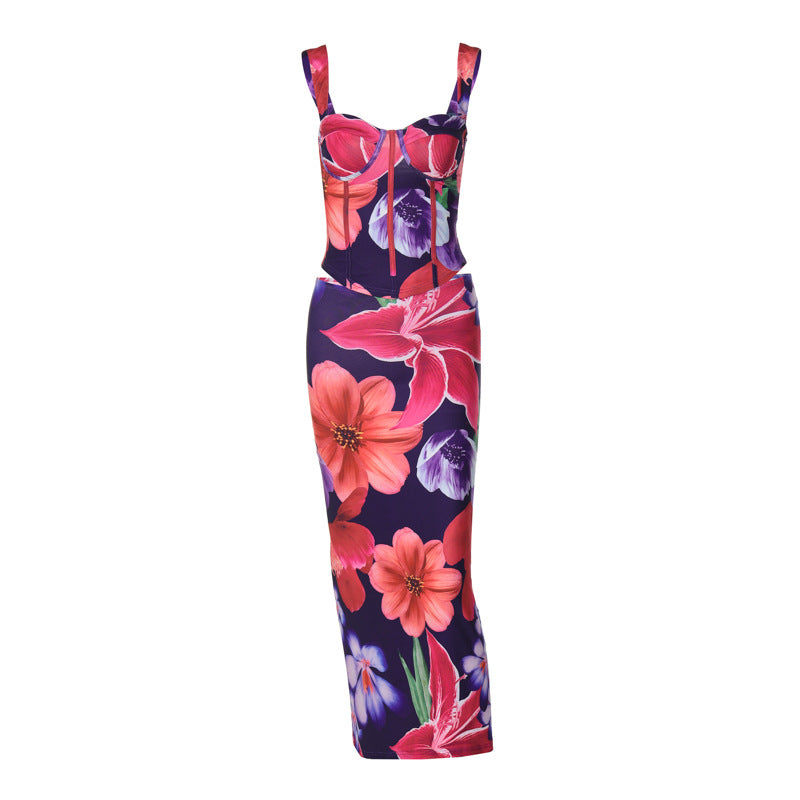 Summer Women Clothing Sleeveless Vest Slim Midi Dress Two Piece Set Printing Women