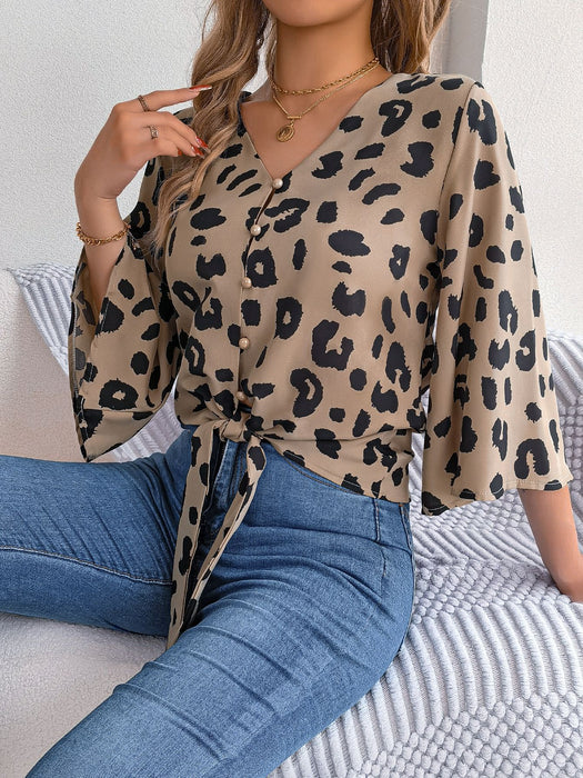 Spring Summer Casual Leopard Print Self Tie Chiffon Shirt Top Women Clothing