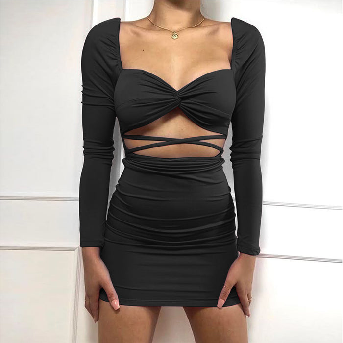 Autumn Winter Long Sleeve Dress Hollow Out Cutout Sexy Backless Low Cut Dress Short