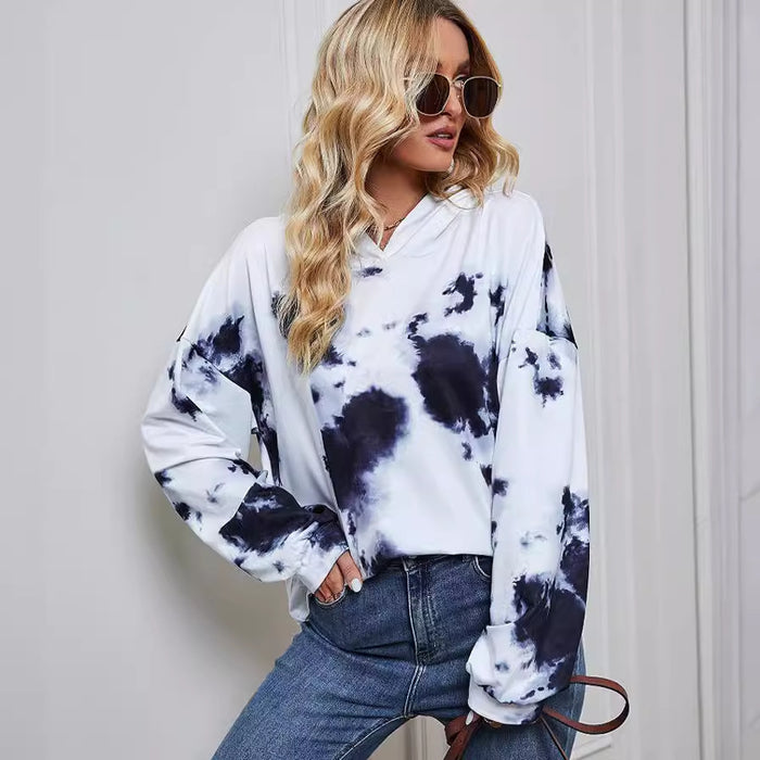 Independent Real Shot Autumn Winter Women Hoodie Casual Loose Printed Tie Dye Sweater