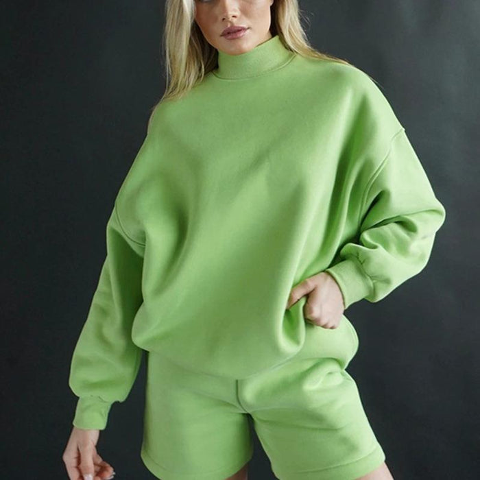 Women Clothing Autumn Casual Solid Color Turtleneck Long Sleeved Top Sports Shorts Two Piece Set