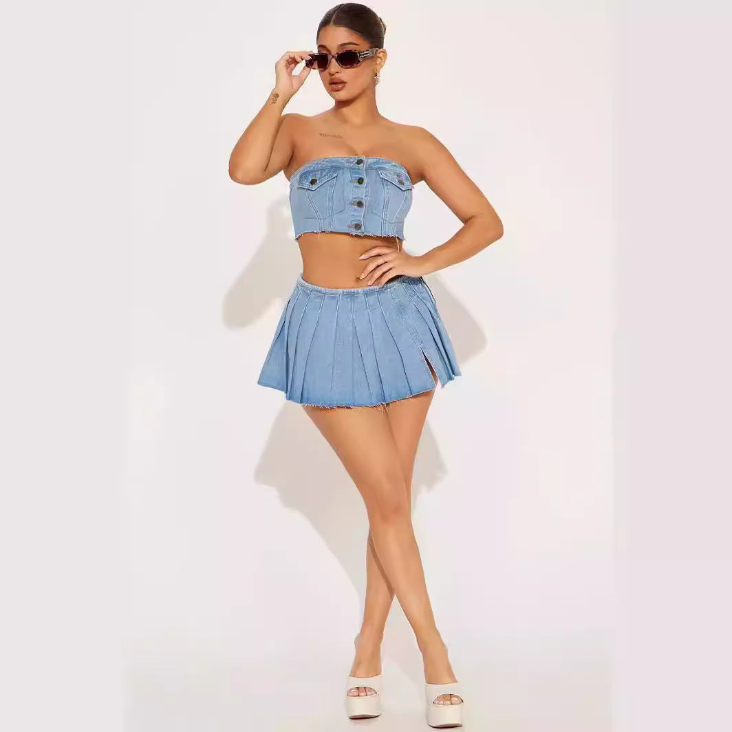 Street Trend Elastic Wrapped Chest Button Denim Split Skirt Set