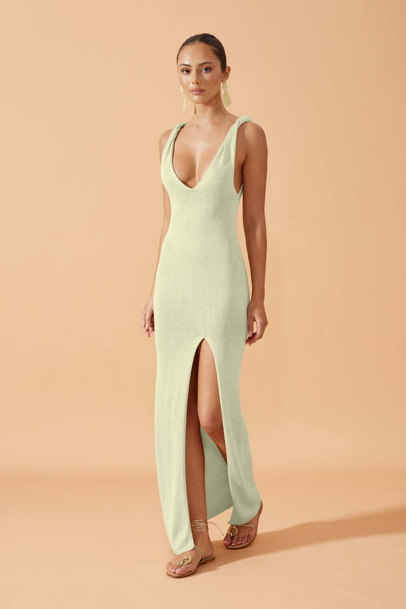 Summer Sexy Deep V Plunge Neck Backless Slit Knitted Dress Solid Color High Waist Slim Fit Holiday Beach Dress