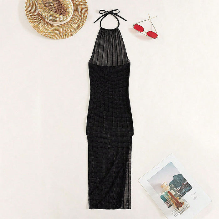 Solid Color Long Mesh Cover up Beach Dress Swimsuit Women Sexy Suspenders Swimsuit