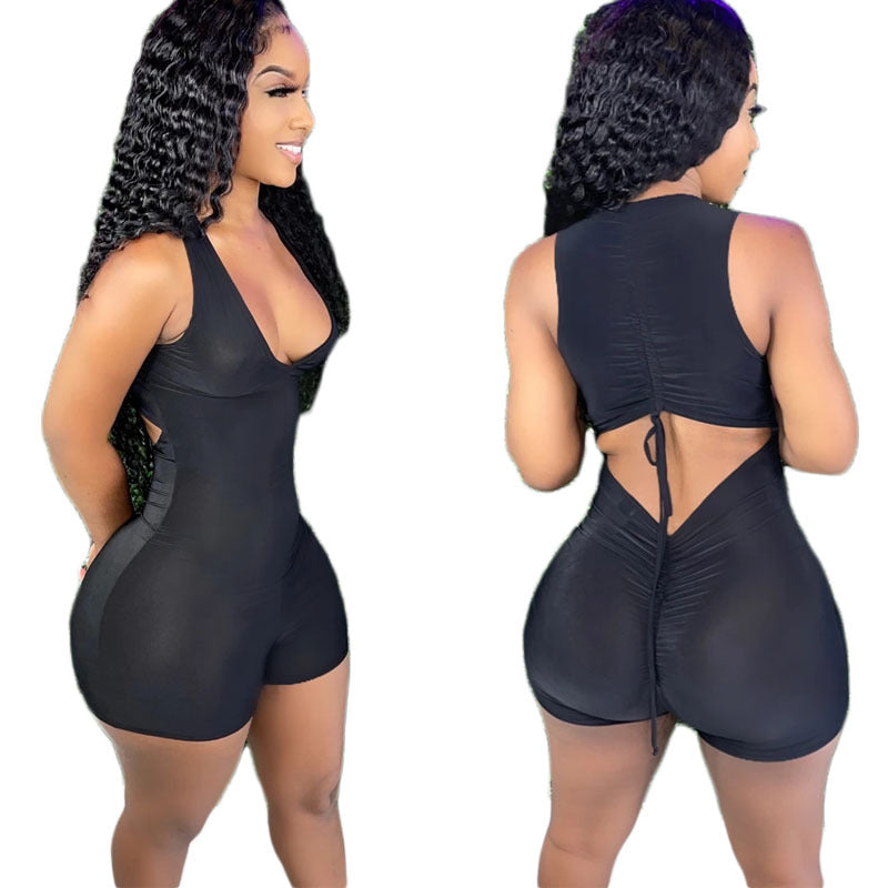 Women Clothing Vest Sleeveless Pleated Shorts Sexy Jumpsuit