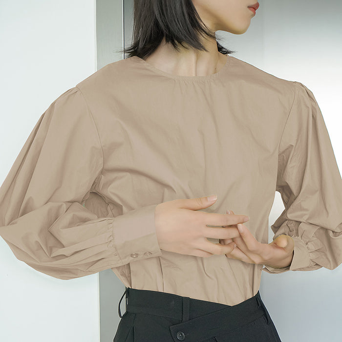 Autumn Crew Neck Shirt Women Korean Puff Sleeve Back Slit Pure Cotton Shirt