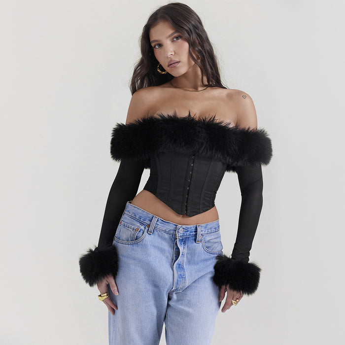 Autumn Winter Sexy Wear Fur Collar off Shoulder Boning Corset Long Sleeve Short Slim Top Women Clothing