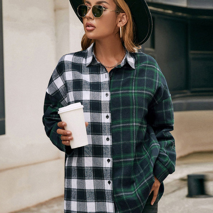 Loose Casual Polo Collar Long Sleeve Single-Breasted Checked Shirt Plaid Colorblock Shacket Top