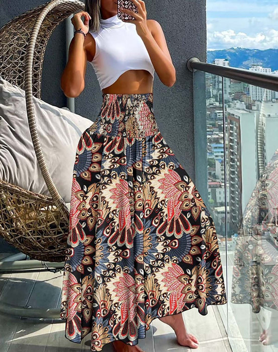 Women Clothing Bohemian Printed Elastic Waist Midi Skirt