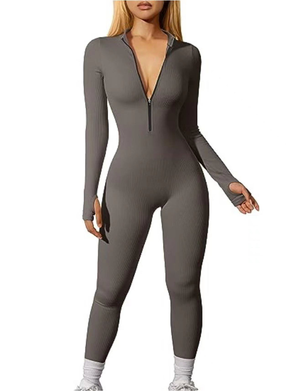 Women Sports Jumpsuit Workout Ribbed Long Sleeve Zipper Casual Jumpsuit Trousers Tight