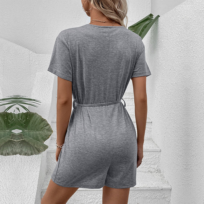 Summer Women Clothing Solid Color V neck Romper