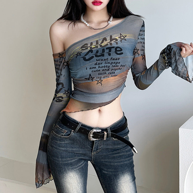Sexy Mesh See through Letter Graphic Print Contrast Color off Shoulder Short Sleeved T shirt Top