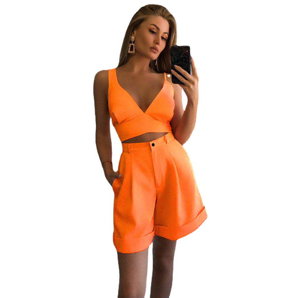 Spring Summer Women Solid Color Two Piece Tube Top High Waist Shorts Sets