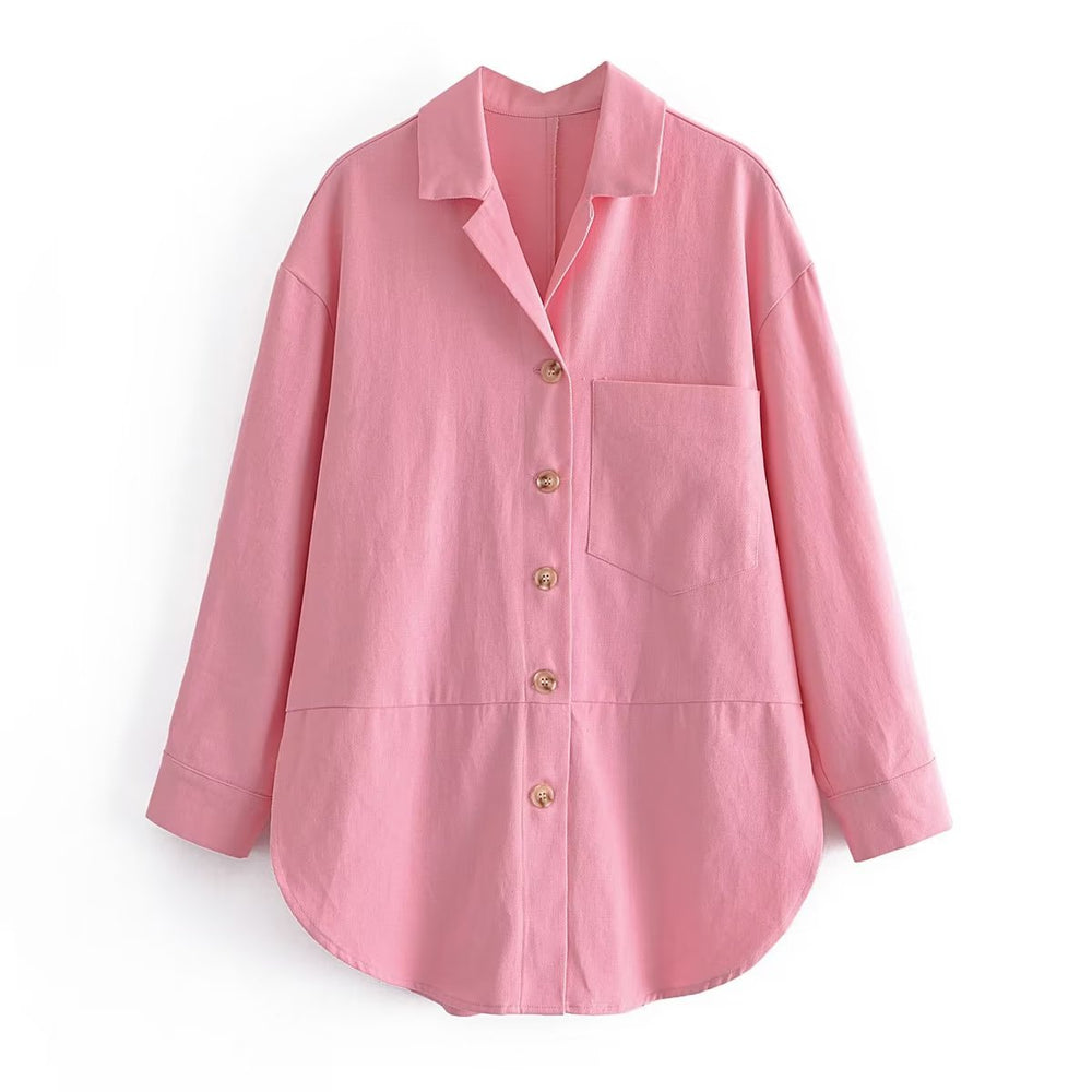 Women Single-Breasted Pocket Decoration Niche Age-Reducing Pink Shacket