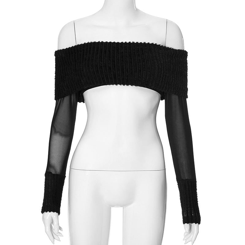 Knitted Stitching Mesh off Shoulder Tube Top Mesh Long Sleeve Sexy Top Women