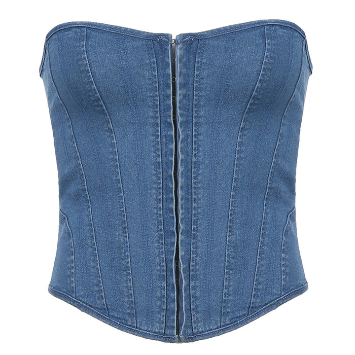 Spring Summer Women Clothing Fluted Collar Boning Corset Boning Corset Slim Fit Lace up Solid Color Denim Tube Top Vest