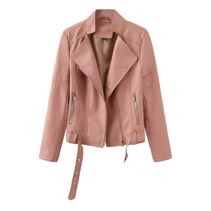 Including Belt Street Hipster Leather Long Sleeved Spring Autumn Thin Women Jacket V Neck Faux Leather Jacket