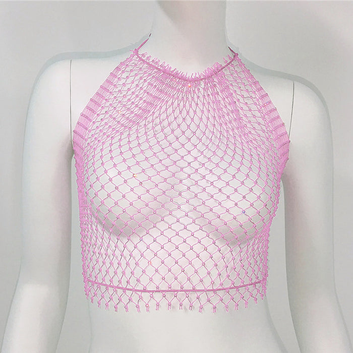 Women Clothing Grid Rhinestone Fishnet Halter Spaghetti Straps Sexy Cutout Sexy Sling Women