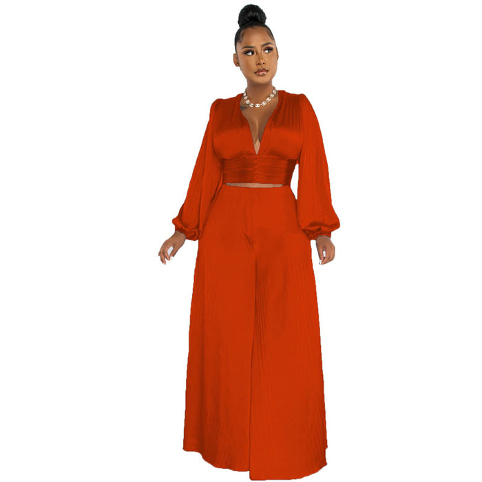 Women Clothing Autumn Winter Pleated Sexy V-neck Top Wide Leg Pants Casual Suit