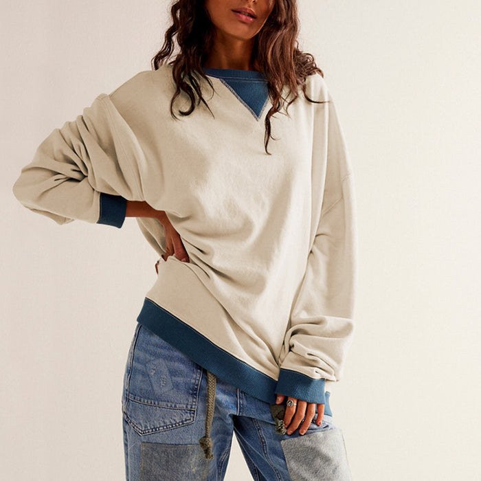 Autumn Winter Solid Color Round Neck Fork Loose Sweatshirt Sweater Women