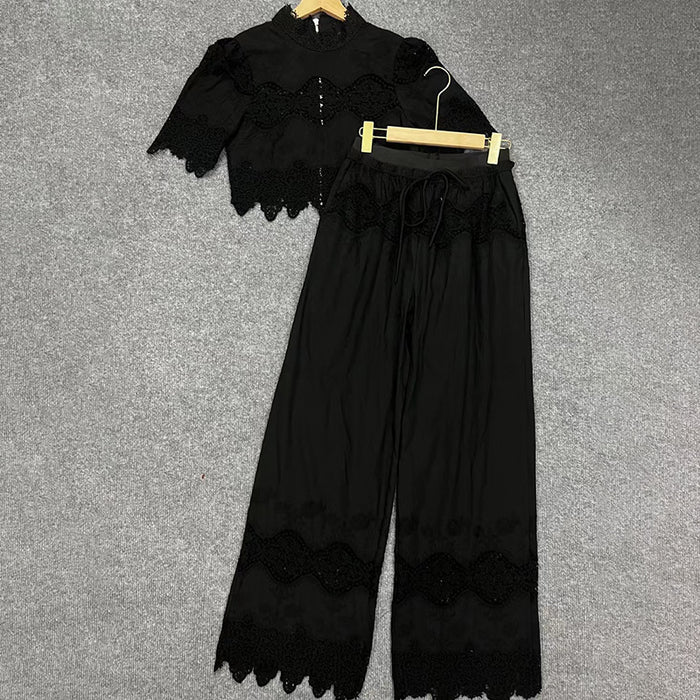 Office Summer Stand Collar Embroidery Lace Collared Blouse High Waist Wide Leg Trousers Suit Women