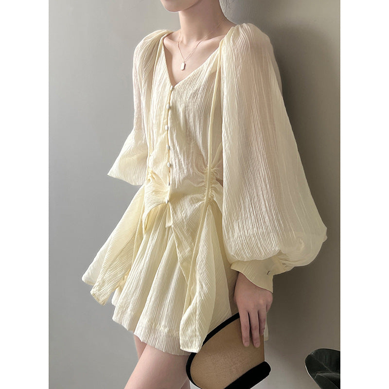 Tencel Retro Suit Women Summer V Neck Lace Up Pleated Drawstring Shirt Wide Leg Shorts