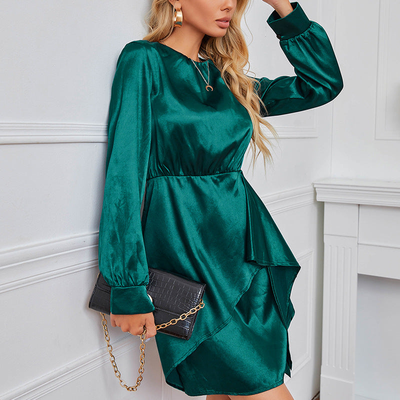 Women Satin Dress Long Sleeve round Neck Tied Elegant Evening Party Dress