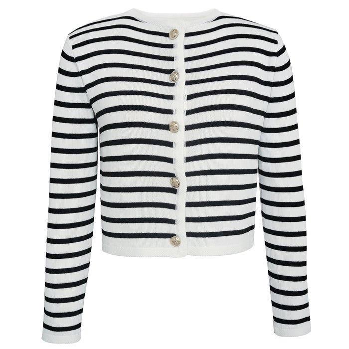 Women Clothing Striped Round Neck Knitted Cardigan Casual Sweater