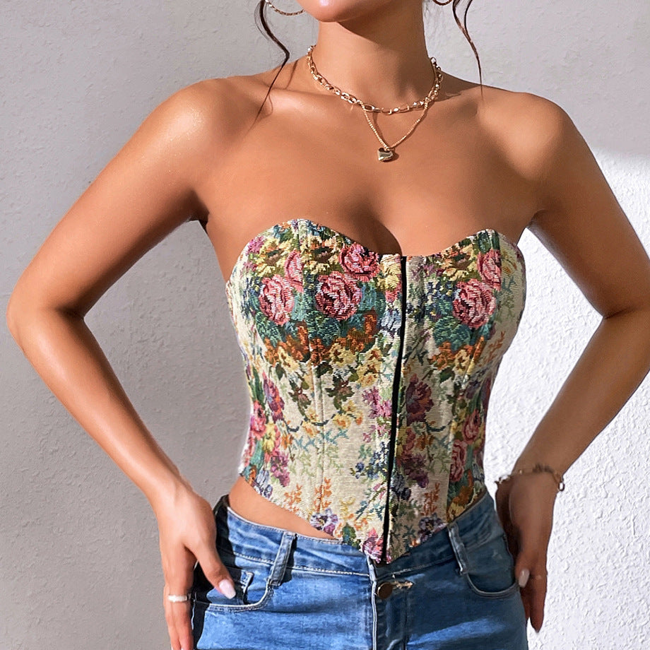 Women Clothing Sexy Retro Jacquard Sexy Low Cut Corset Boning Corset Breasted Small