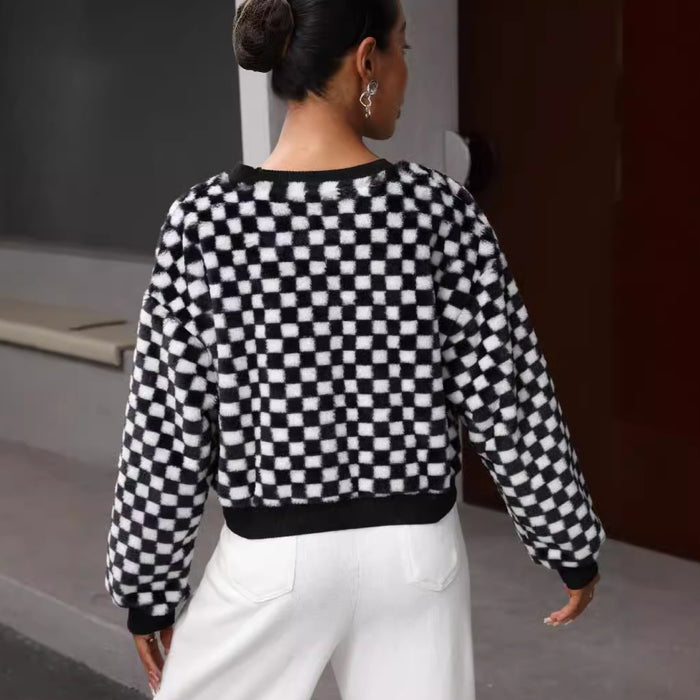 Autumn Winter Women Clothing Loose Round Neck Black White Plaid Long Sleeve Plush Pullover Sweater