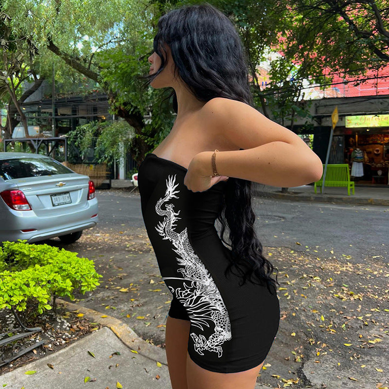 Dragon Print Tube Top Jumpsuit Skinny Sheath Sleeveless Chest Wrapped Sports Shorts