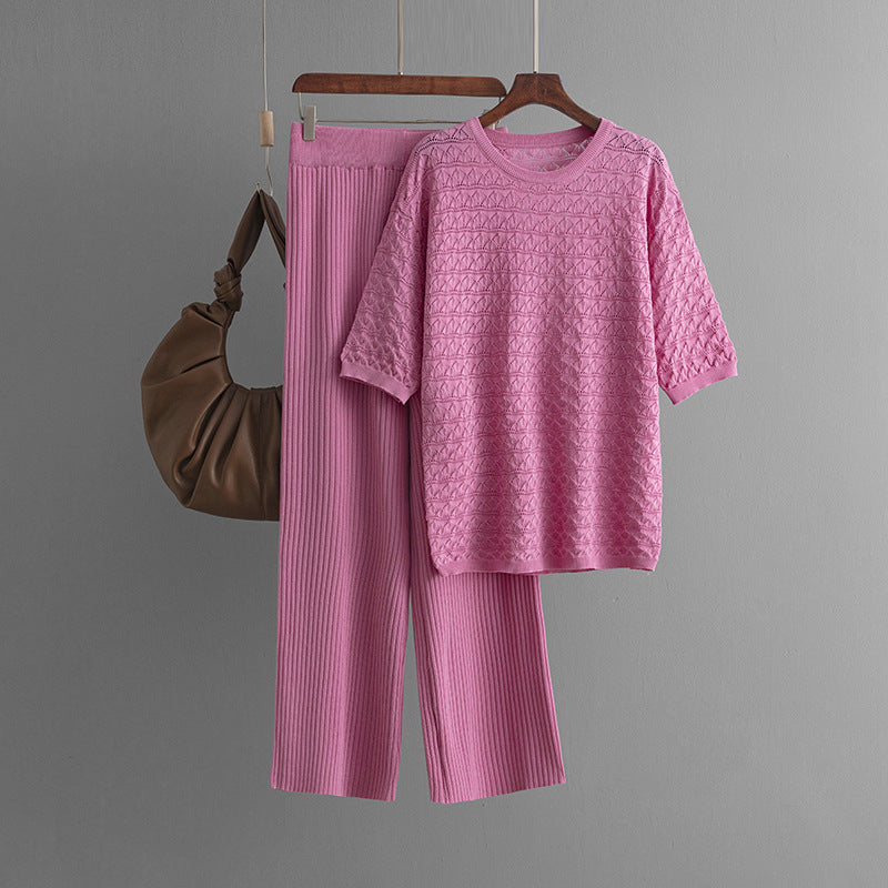 Summer Solid Color Hollow Out Cutout out Casual round Neck Short Sleeve Trousers Knitted Two Piece Set