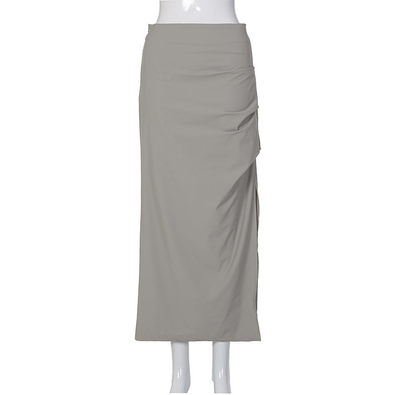 Summer Design Fold Split Skirt High Waist Slimming Mid Length Skirt