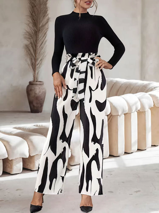 Summer Elegant Pleated Printed Waist Wide Leg Pants with Belt Office Contrast Color Casual Pants Women Trousers