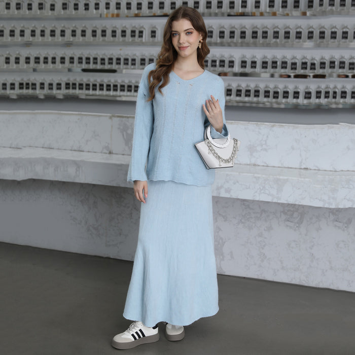 Women Clothing Solid Color Round Neck Hollow Out Cutout Out Basic Sweaters Long Mid Length Skirt Set Casual Two Piece Suit