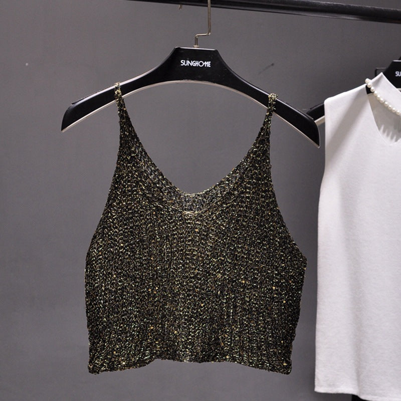 【MOQ-5 packs】 Spring Summer Glitter Half Cropped Outfit Bottoming Sweater Hollow Out Cutout Sexy Cropped Outfit Sling Top