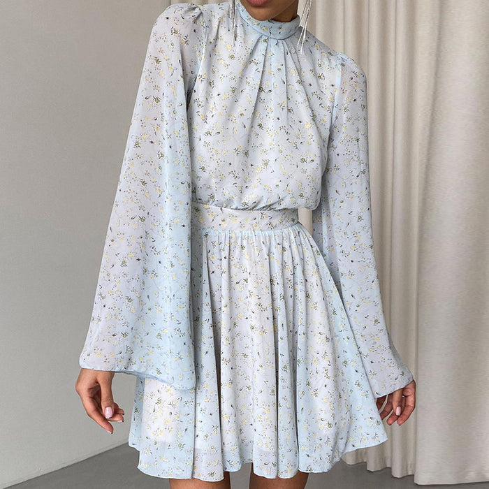 French Chiffon Printed Turtleneck Bell Sleeve High Waist Dress Spring Women Clothing