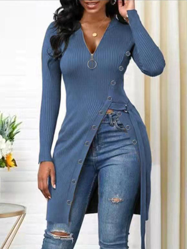 Autumn Winter Women Clothing V-neck Long Sleeve High Slit Thread Zipper T-shirt Top